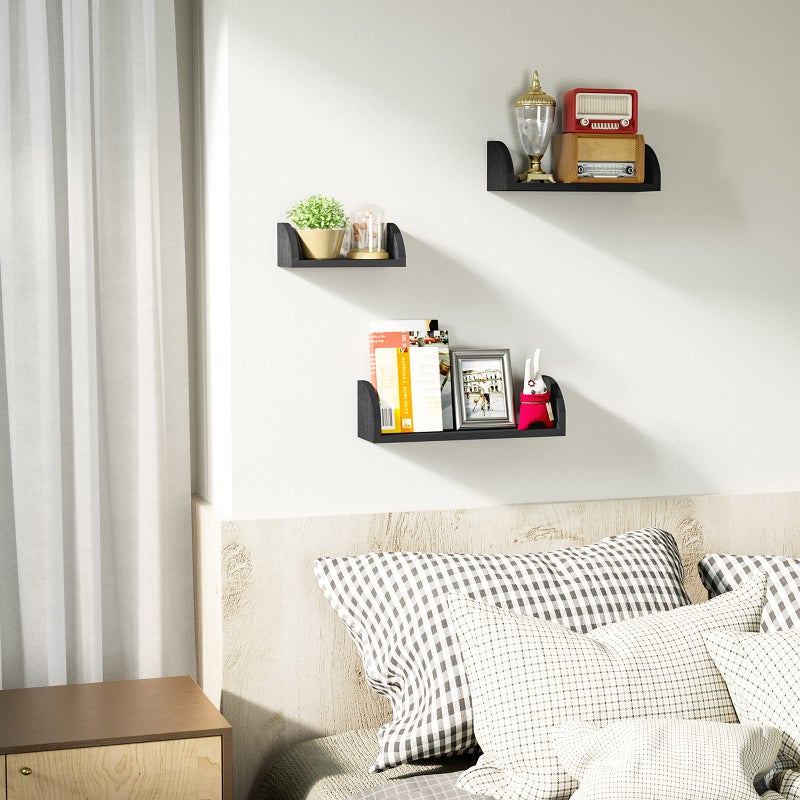 SRIWATANA Floating Shelves Wall Mounted, Solid Wood Shelves Wall Bookshelves Set of 3 for Bedroom, Living Room, Bathroom, Kitchen - Black - Image 4